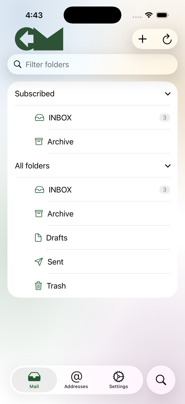 Folder list on iPhone: All, Subscribed, and Unread pills above the folder tree