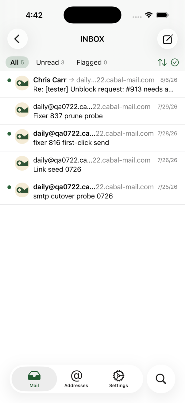 Inbox on iPhone: filter pills, sender avatars, sort and select controls