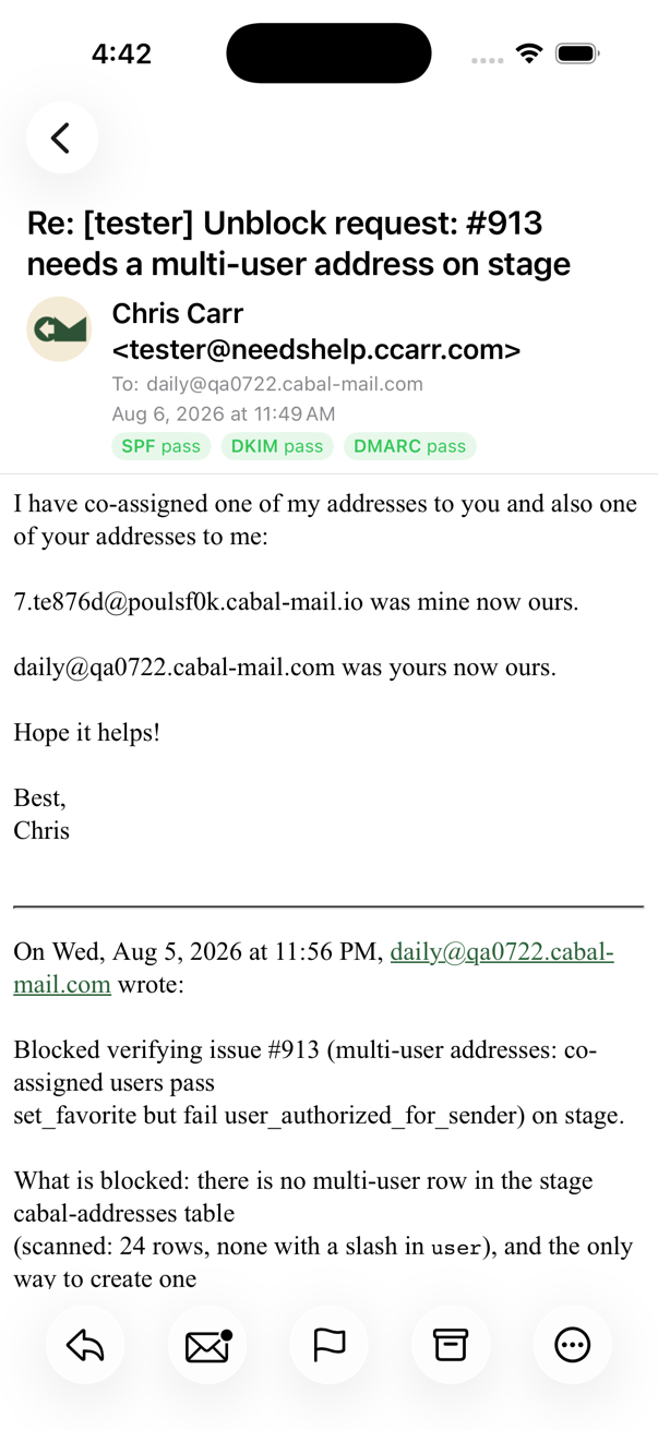 Reading a message on iPhone: SPF, DKIM, and DMARC verdicts under the sender