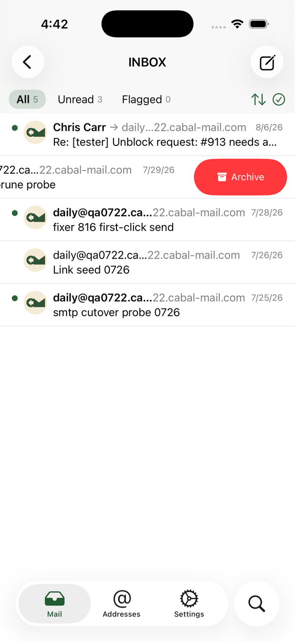 Swiping a message row left on iPhone reveals the Archive action